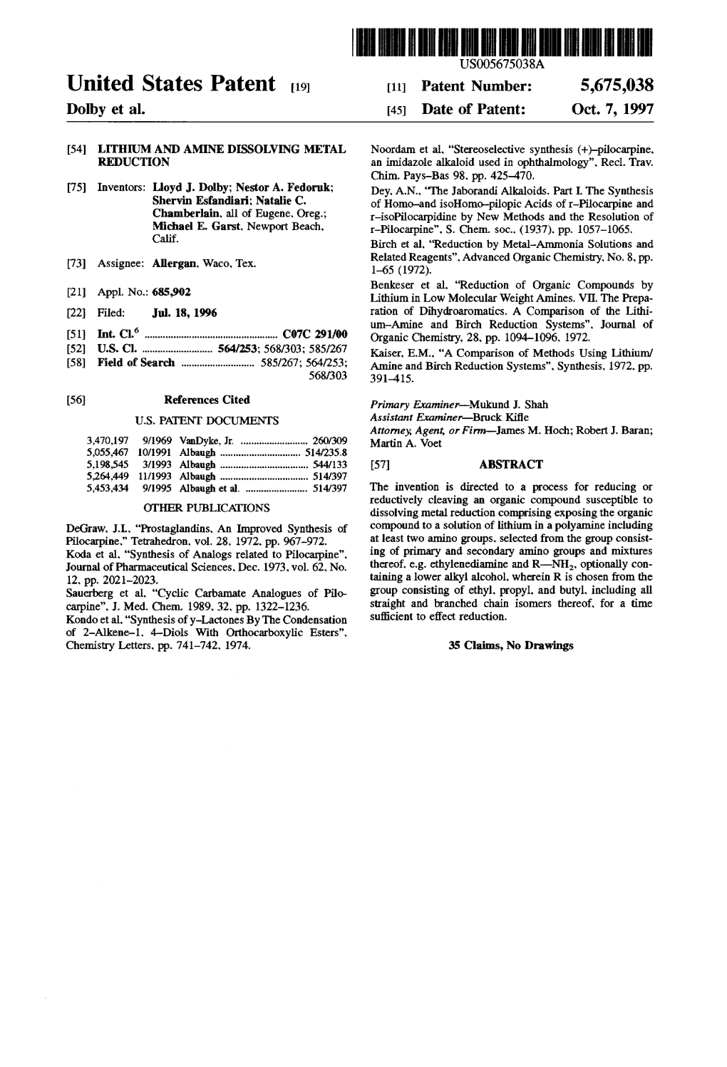 United States Patent 19 11 Patent Number: 5.675,038 Dolby Et Al