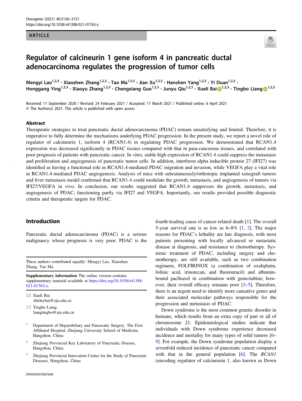 Regulator of Calcineurin 1 Gene Isoform 4 in Pancreatic Ductal Adenocarcinoma Regulates the Progression of Tumor Cells