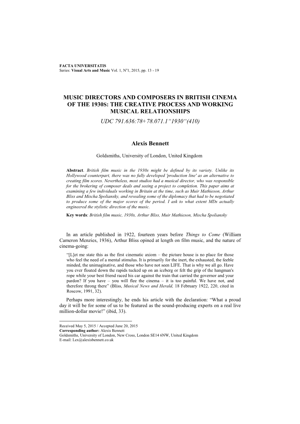 Music Directors and Composers in British Cinema of the 1930S: the Creative Process and Working Musical Relationships Udc 791.636:78+78.071.1“1930“(410)