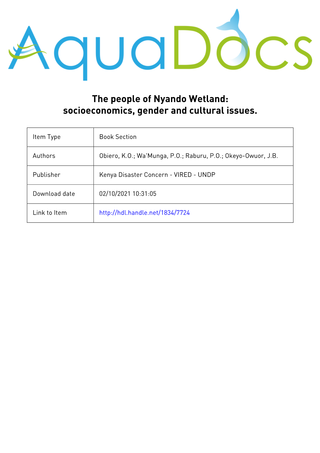 The People of Nyando Wetland: Socioeconomics, Gender and Cultural Issues