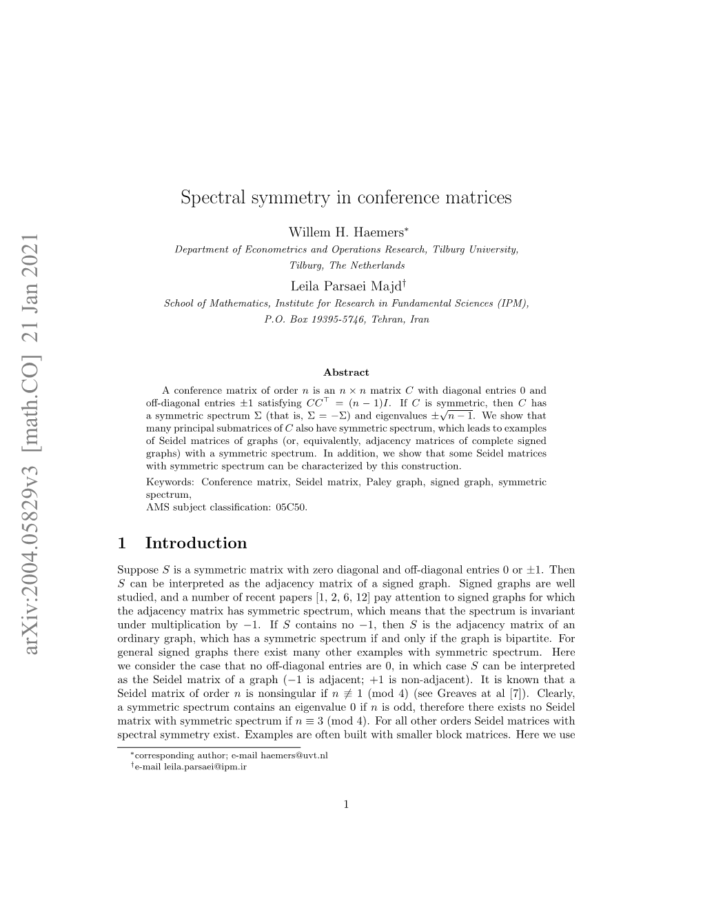 Spectral Symmetry in Conference Matrices