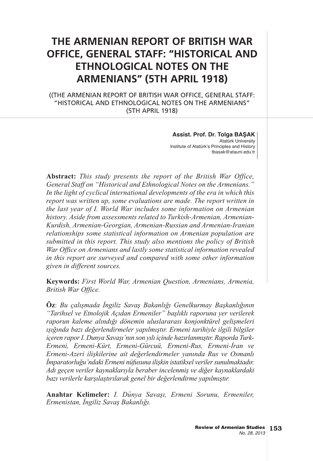 The Armenian Report of British War Office, General Staff