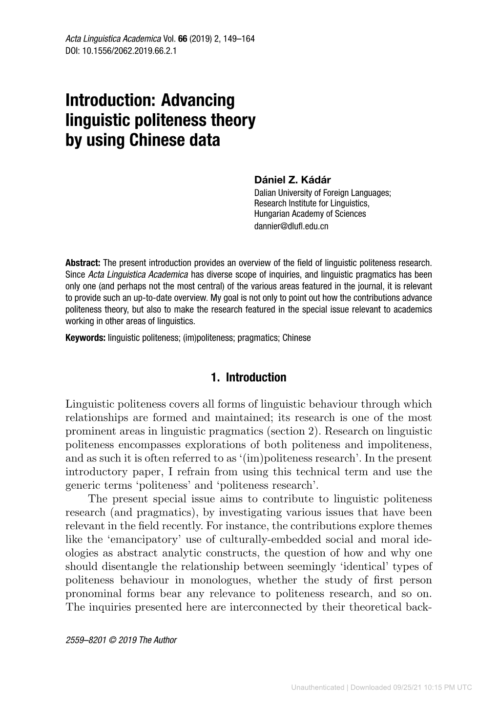 Introduction: Advancing Linguistic Politeness Theory by Using Chinese Data