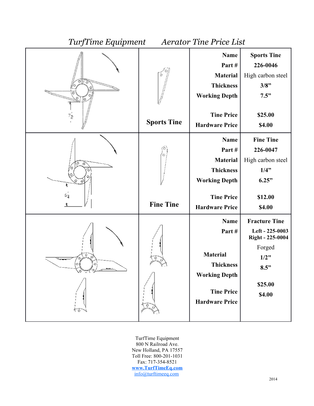 Turftime Equipment Aerator Tine Price List