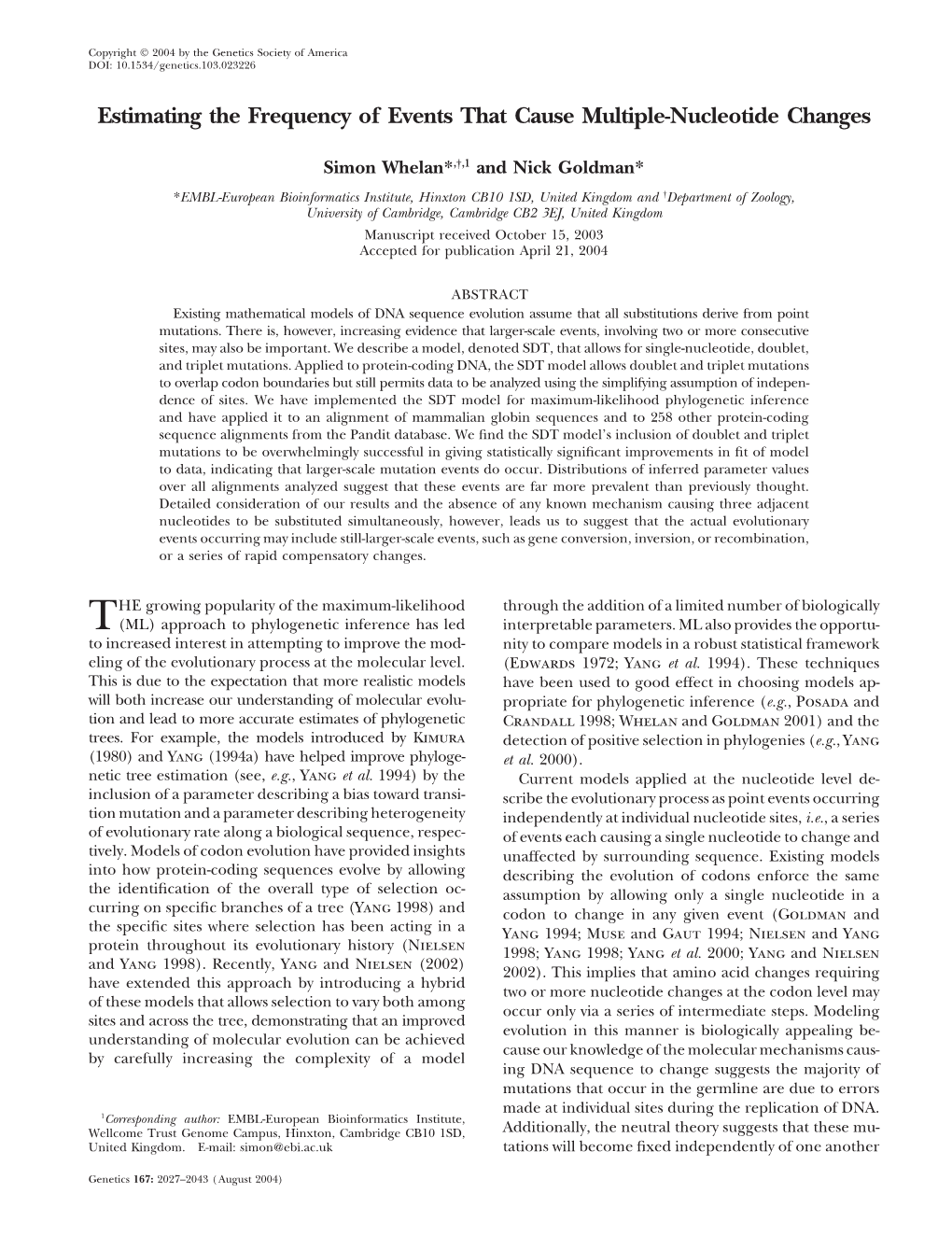 Estimating the Frequency of Events That Cause Multiple-Nucleotide Changes