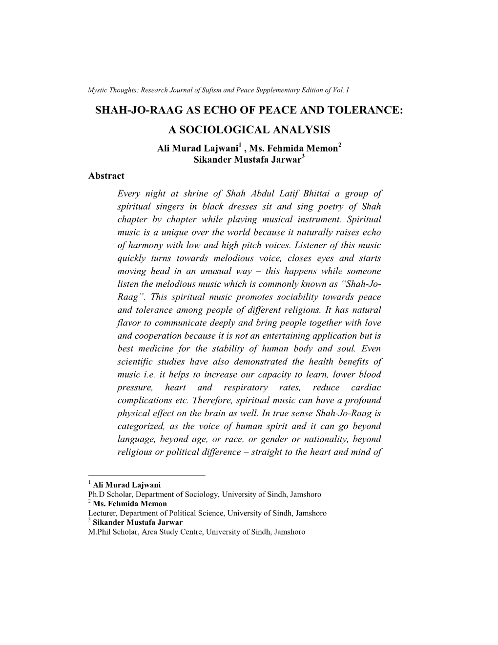 SHAH-JO-RAAG AS ECHO of PEACE and TOLERANCE: a SOCIOLOGICAL ANALYSIS Ali Murad Lajwani1 , Ms