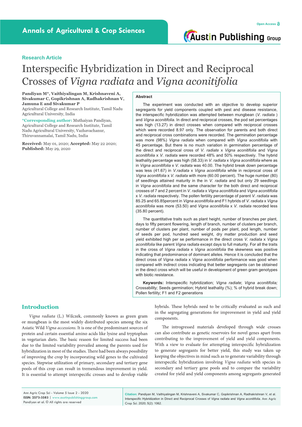 Interspecific Hybridization in Direct and Reciprocal Crosses of Vigna Radiata and Vigna Aconitifolia