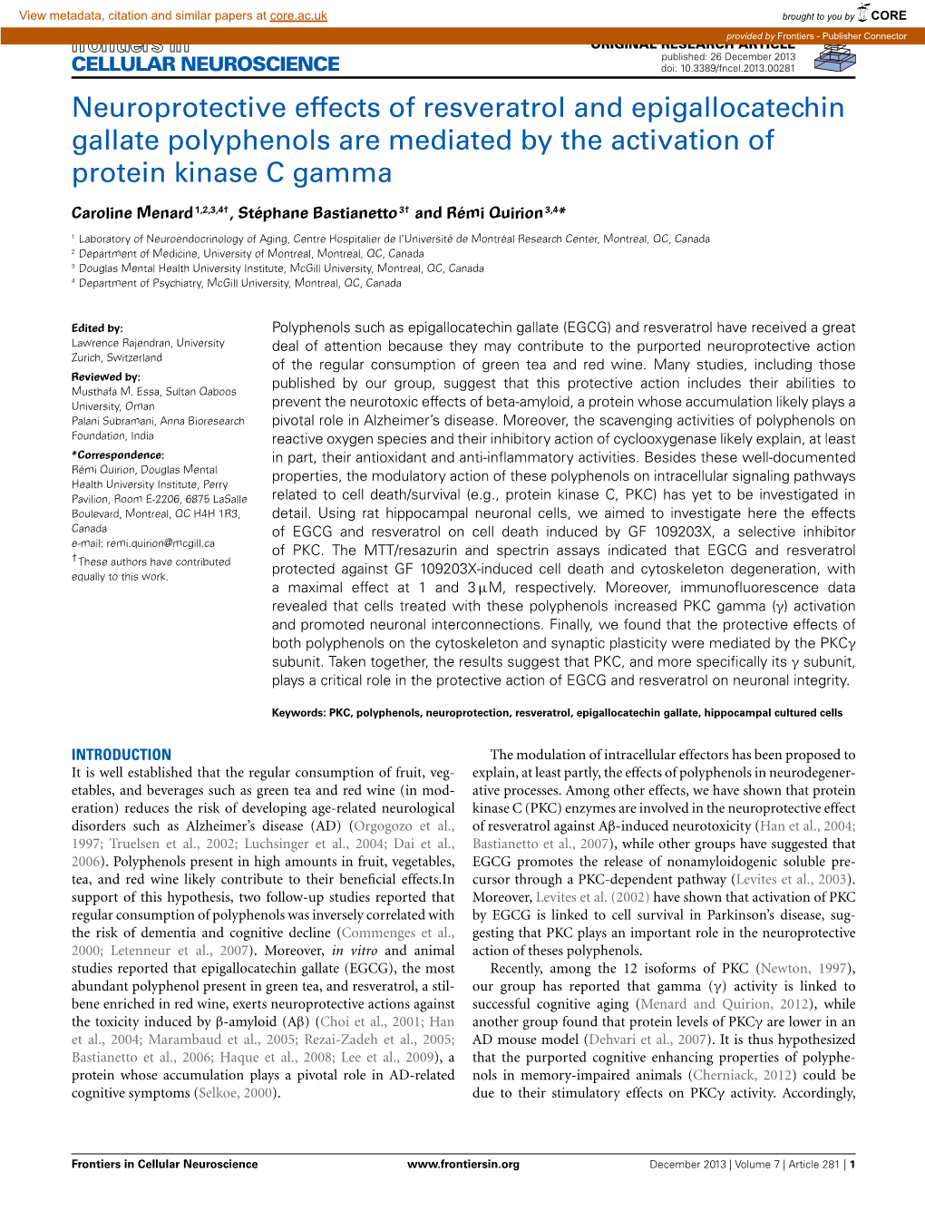 Neuroprotective Effects of Resveratrol and Epigallocatechin Gallate Polyphenols Are Mediated by the Activation of Protein Kinase C Gamma