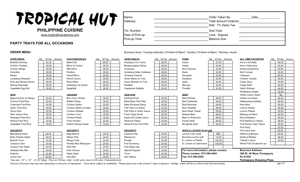 2017 Hut 5 Regular Menu