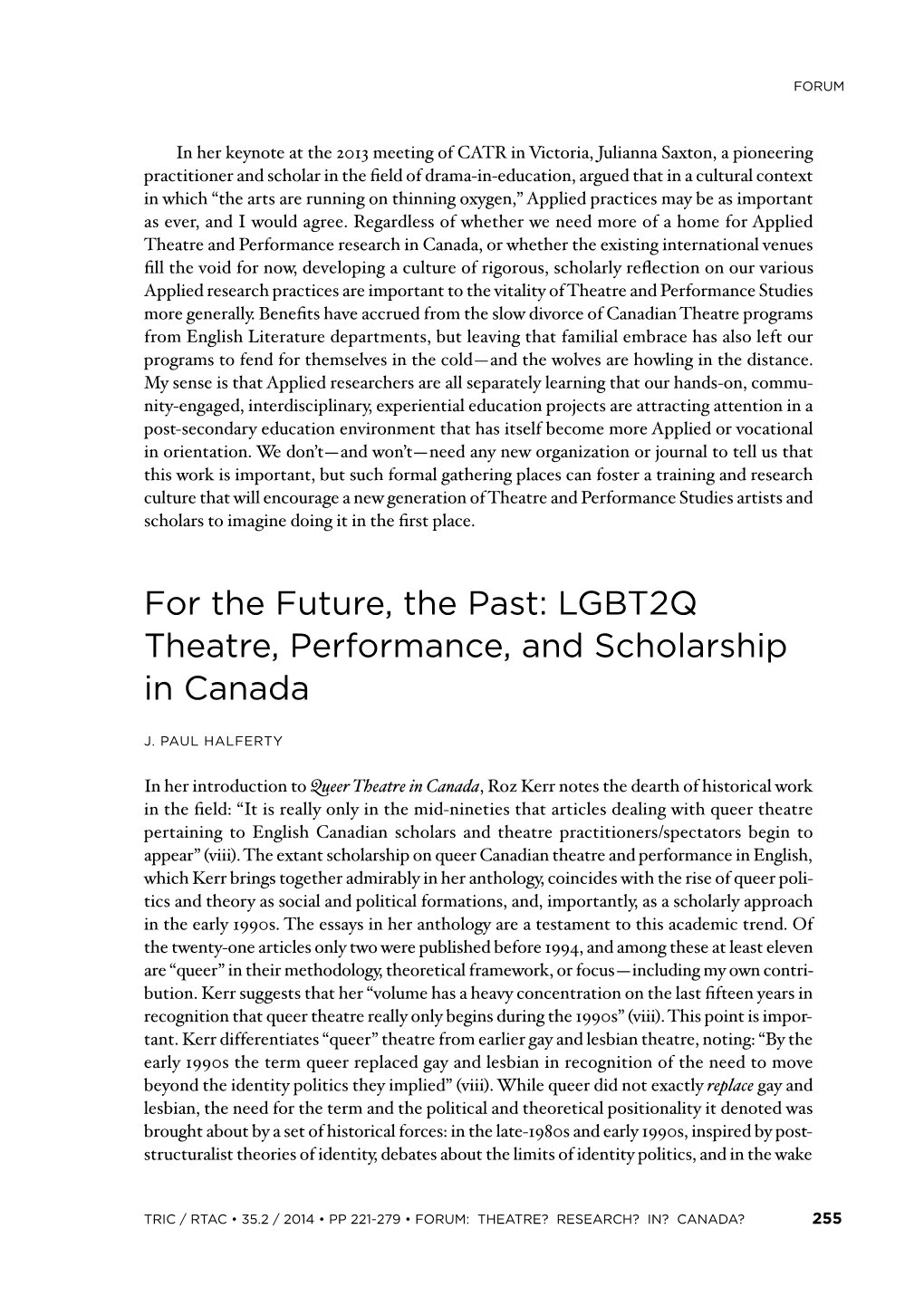 LGBT2Q Theatre, Performance, and Scholarship in Canada