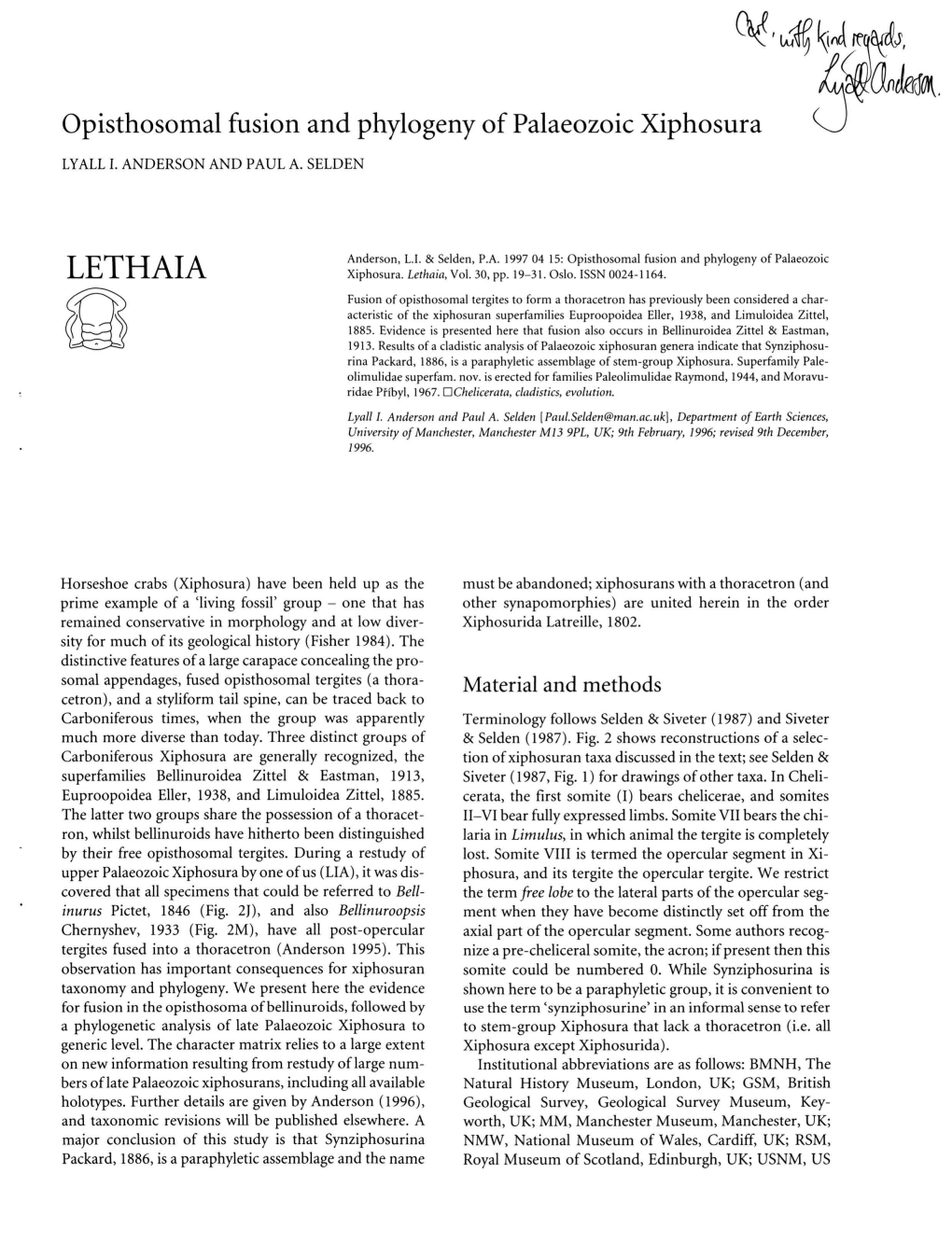 Opisthosomal Fusion and Phylogeny of Palaeozoic Xiphosura