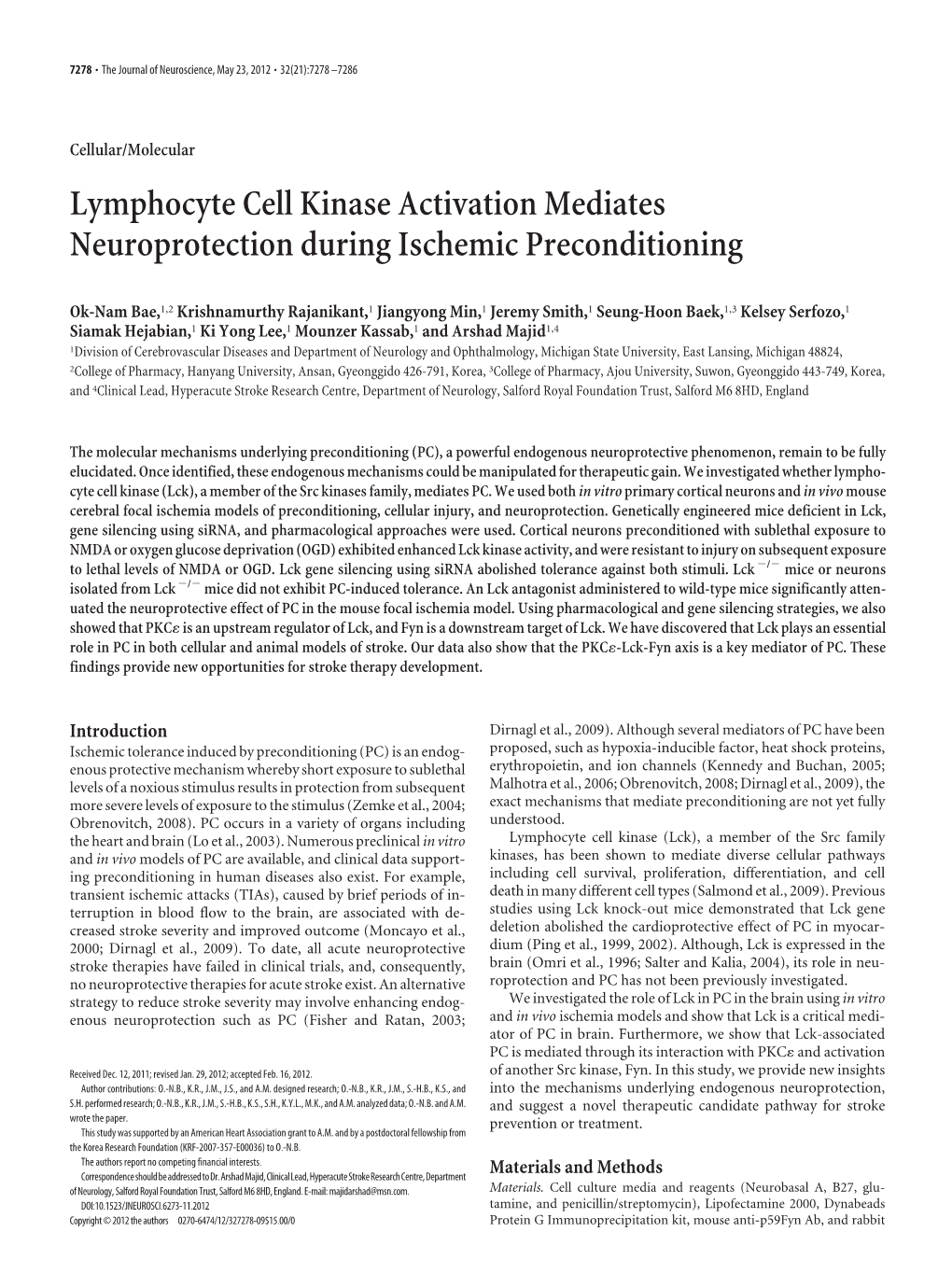 Lymphocyte Cell Kinase Activation Mediates Neuroprotection During Ischemic Preconditioning