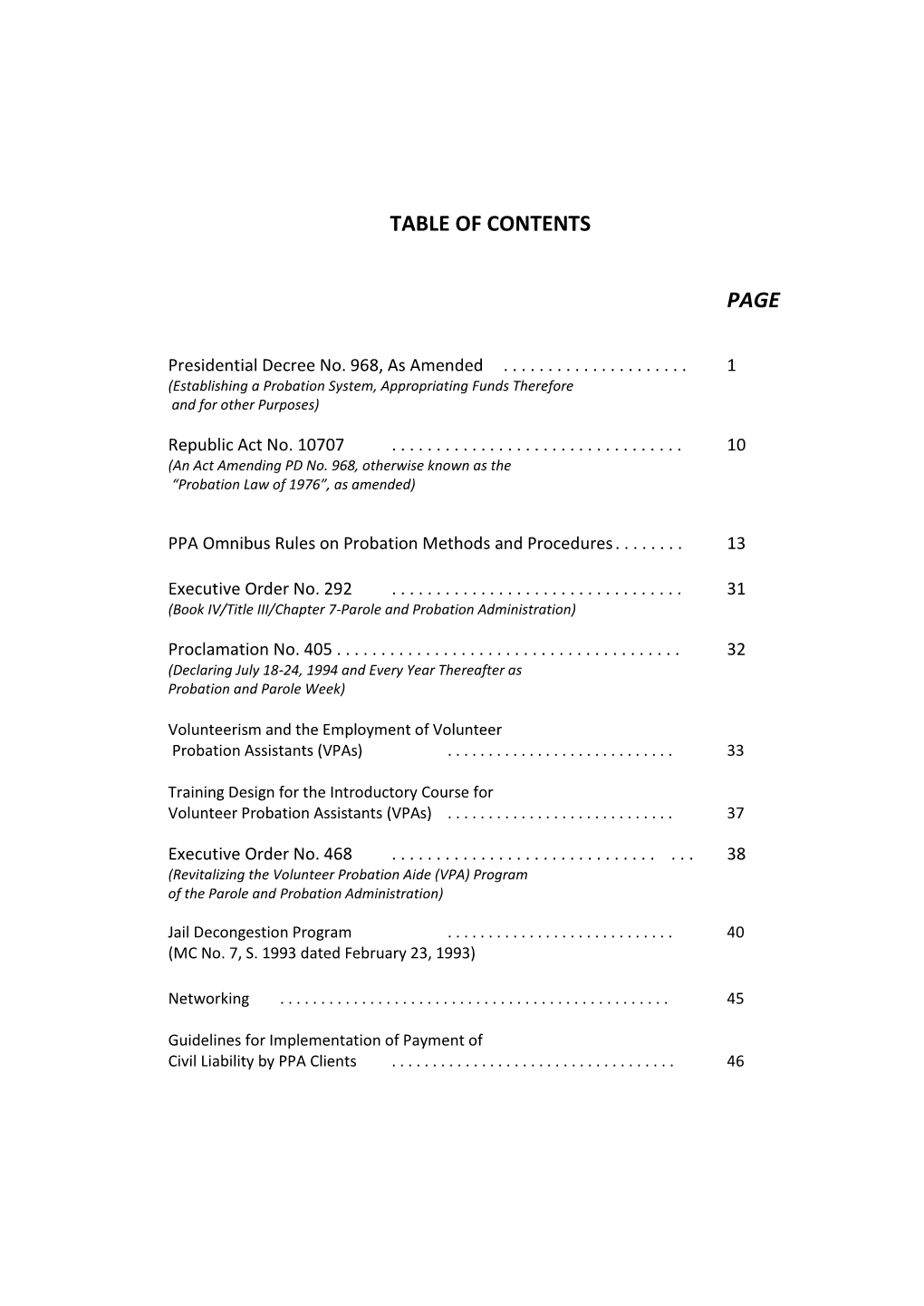 Table of Contents Page