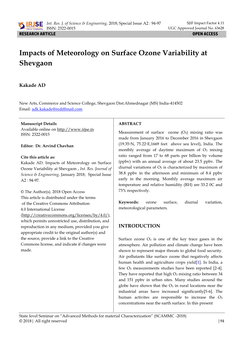 Impacts of Meteorology on Surface Ozone Variability at Shevgaon