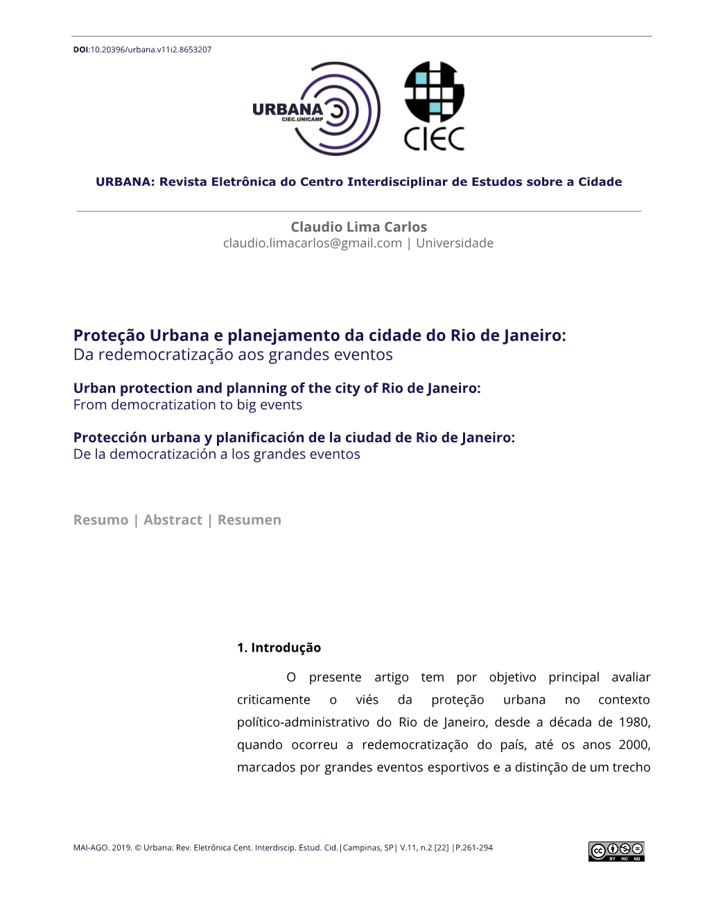 Proteção Urbana E Planejamento Da Cidade Do Rio De Janeiro: Da Redemocratização Aos Grandes Eventos