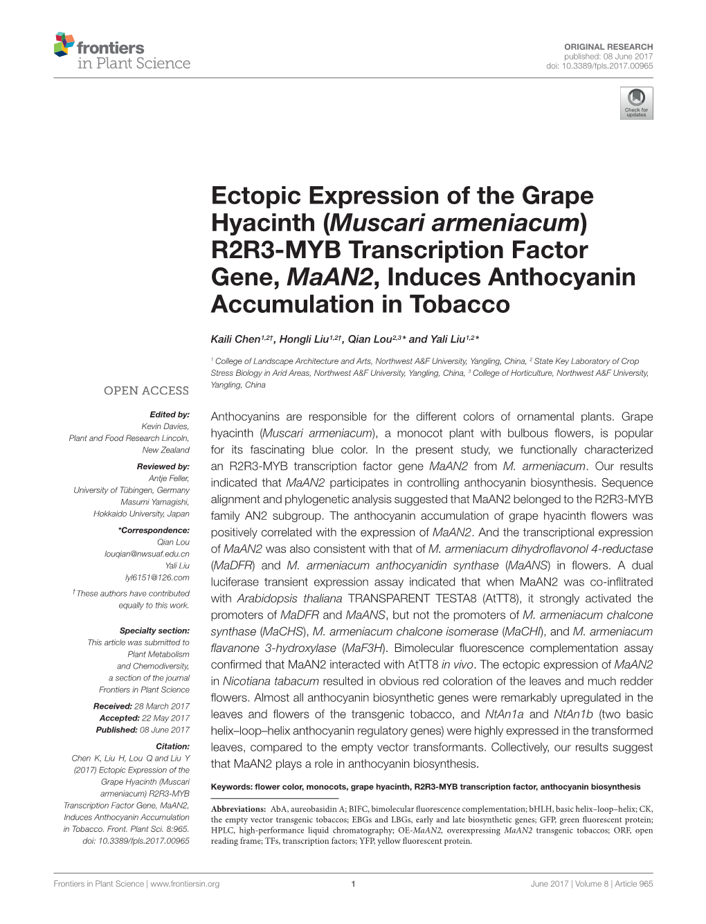 Ectopic Expression of the Grape Hyacinth (Muscari Armeniacum) R2R3-MYB Transcription Factor Gene, Maan2, Induces Anthocyanin Accumulation in Tobacco
