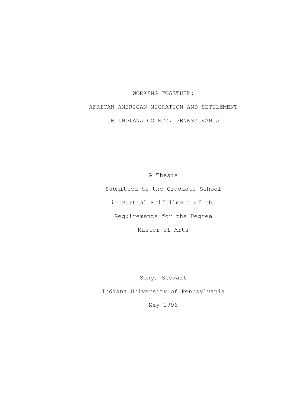 Working Together: African American Migration and Settlement in Indiana County, Pennsylvania