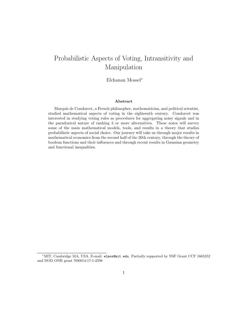 Probabilistic Aspects of Voting, Intransitivity and Manipulation