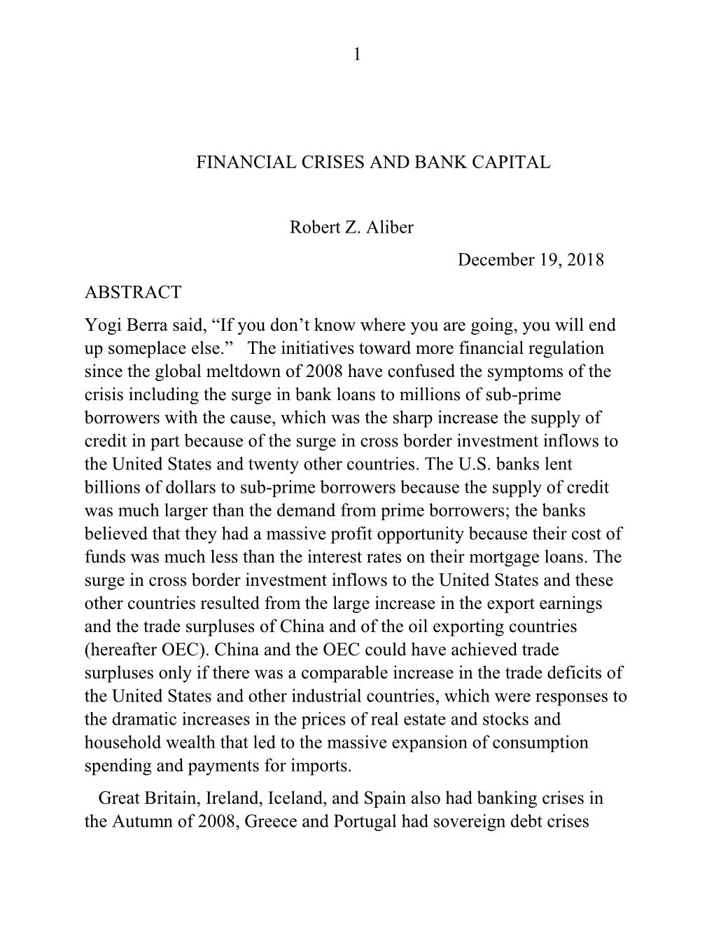 Financial Crises and Bank Capital