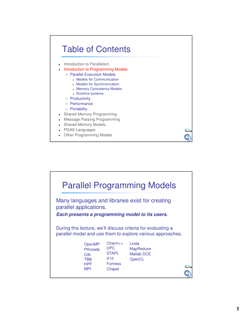Table of Contents Parallel Programming Models