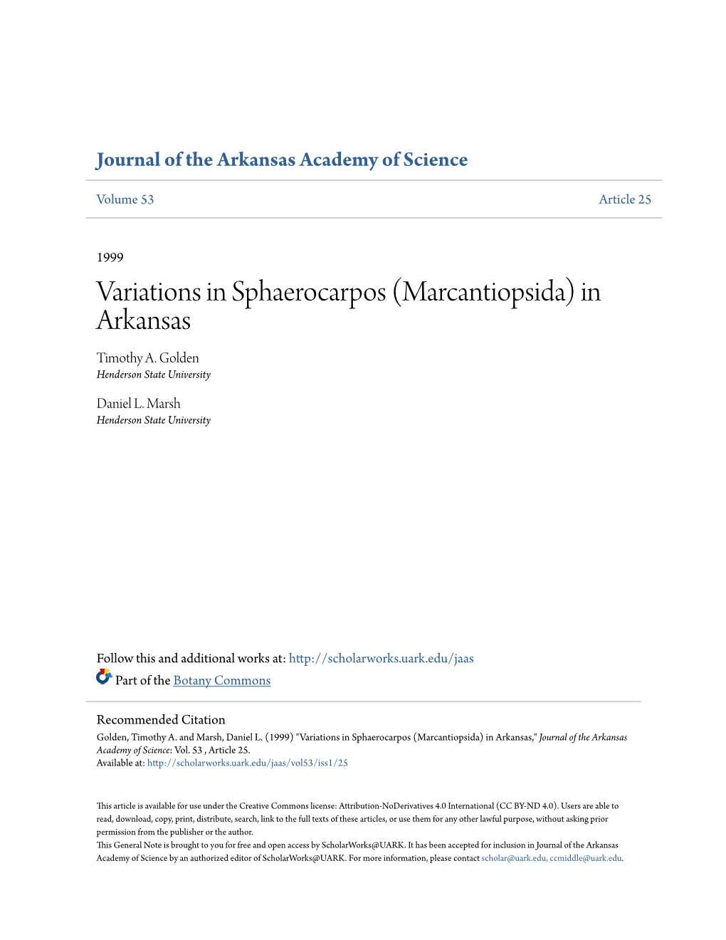 Variations in Sphaerocarpos (Marcantiopsida) in Arkansas Timothy A