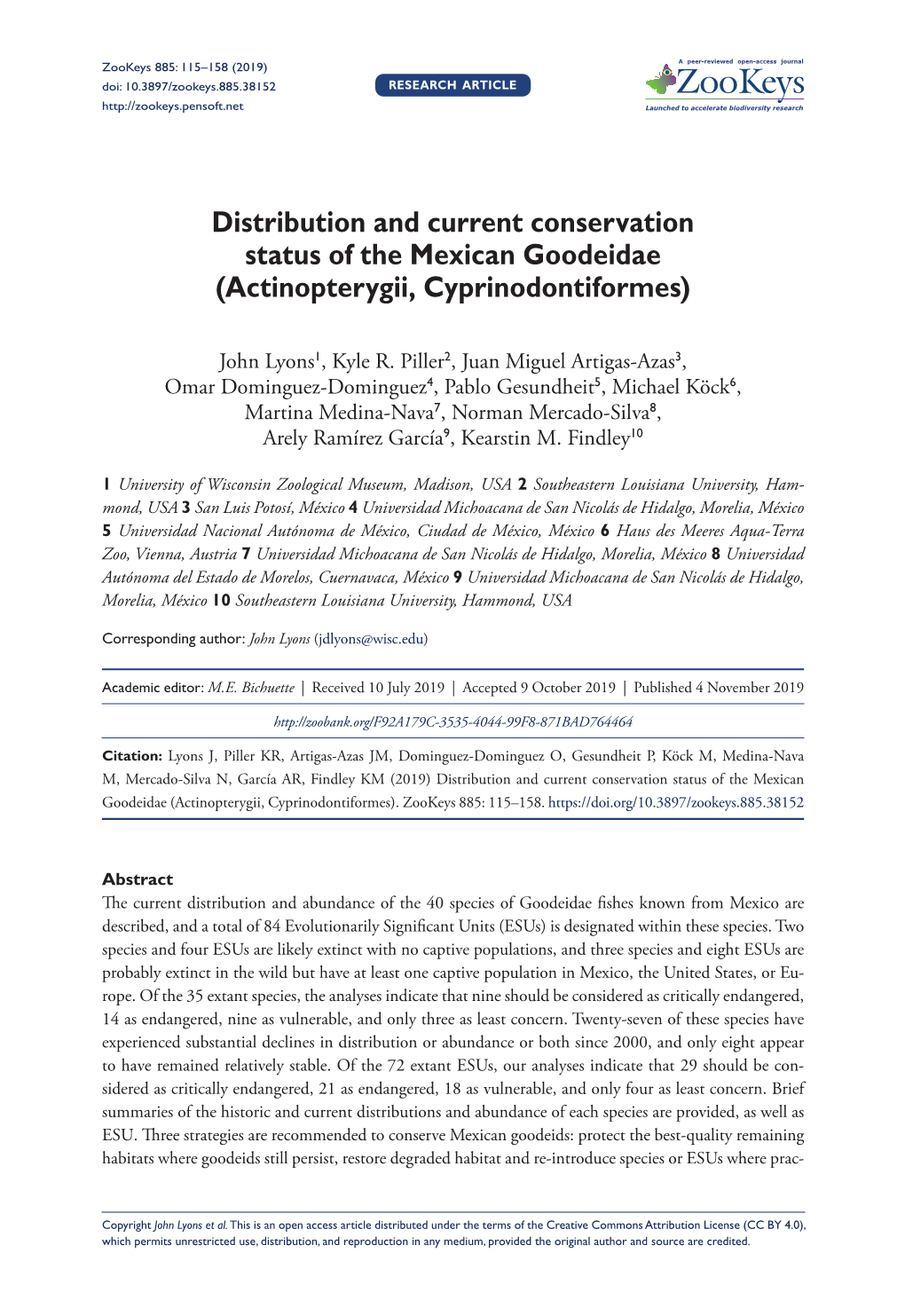 Distribution and Current Conservation Status of the Mexican Goodeidae (Actinopterygii, Cyprinodontiformes)