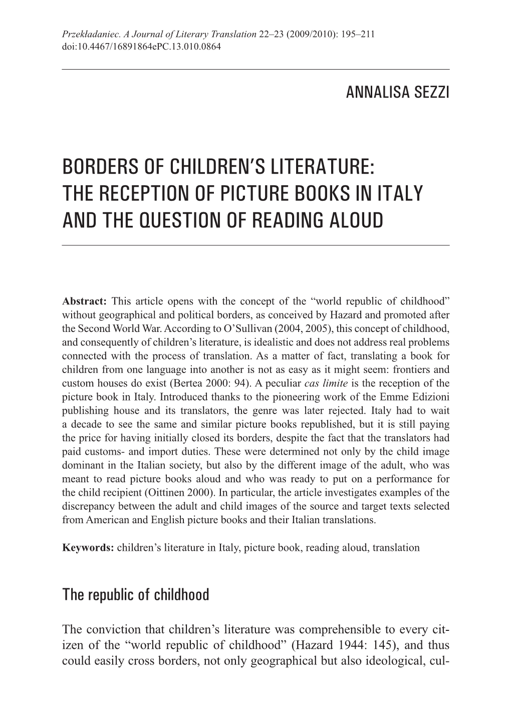 Borders of Children's Literature: the Reception of Picture Books in Italy
