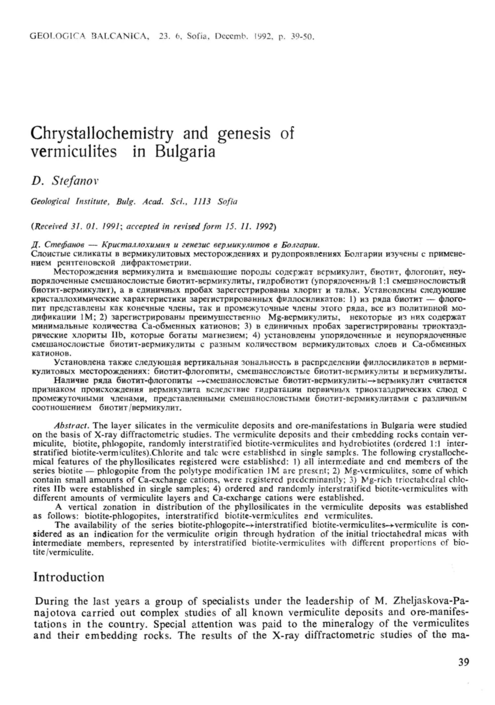 Chrystallochemistry and Genesis of Vermiculites in Bulgaria