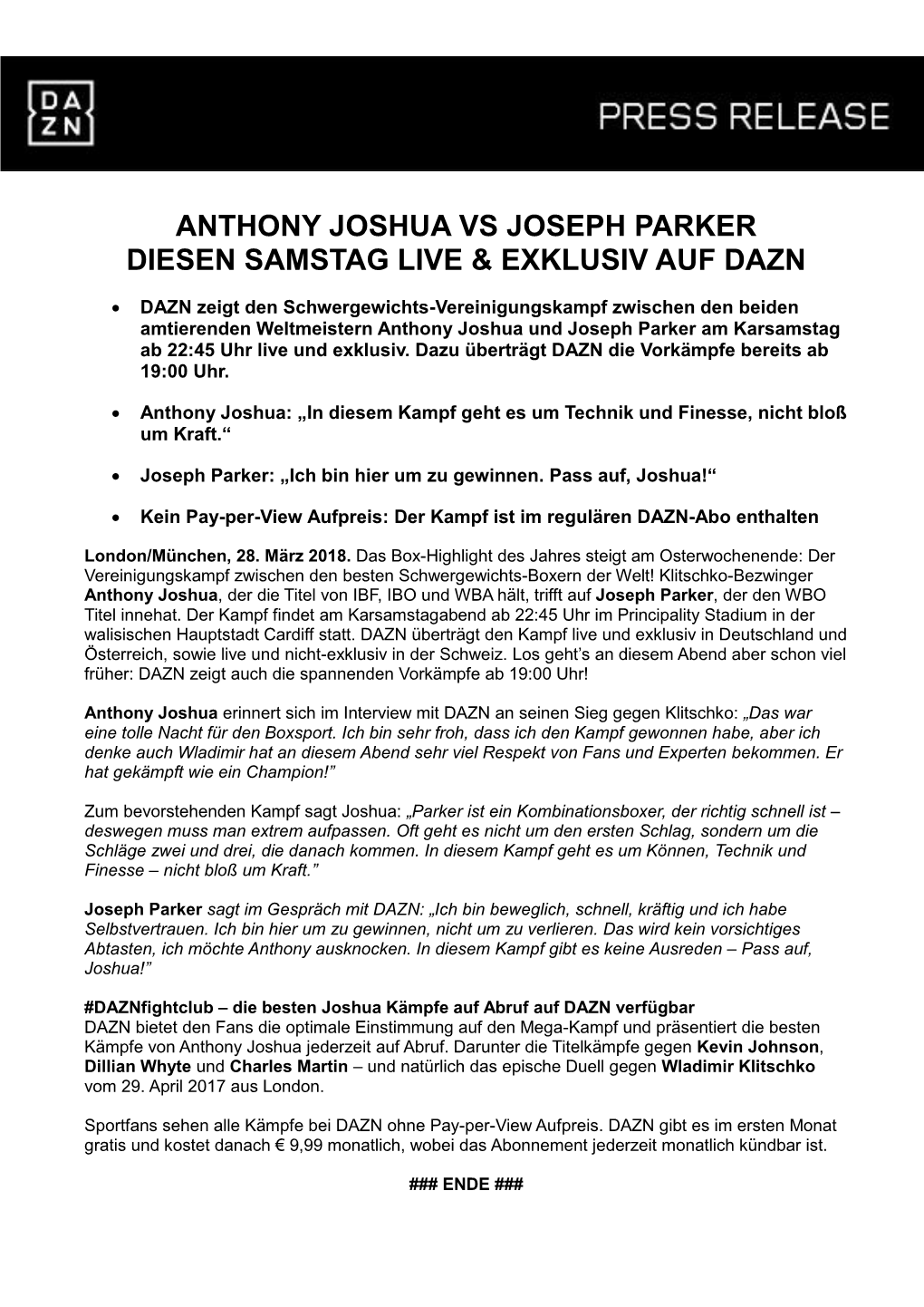 Anthony Joshua Vs Joseph Parker Diesen Samstag Live & Exklusiv Auf Dazn