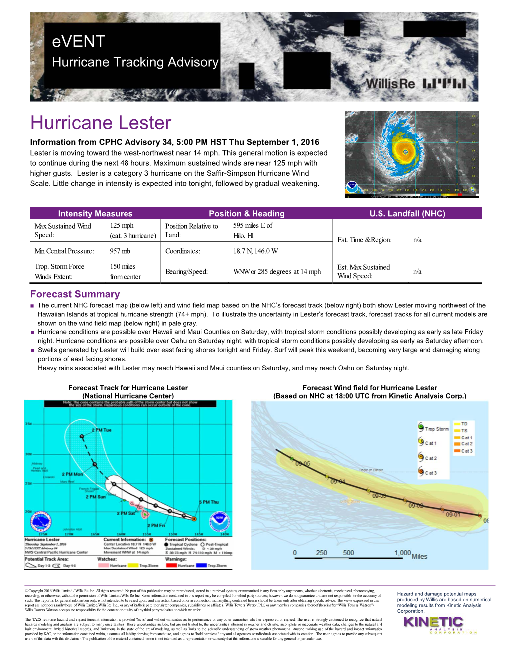Hurricane Lester Information from CPHC Advisory 34, 5:00 PM HST Thu September 1, 2016 Lester Is Moving Toward the West-Northwest Near 14 Mph