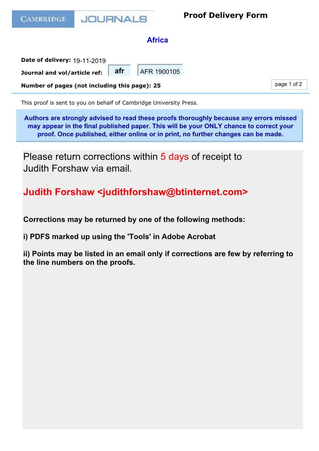 Please Return Corrections Within 5 Days of Receipt to Judith Forshaw Via Email