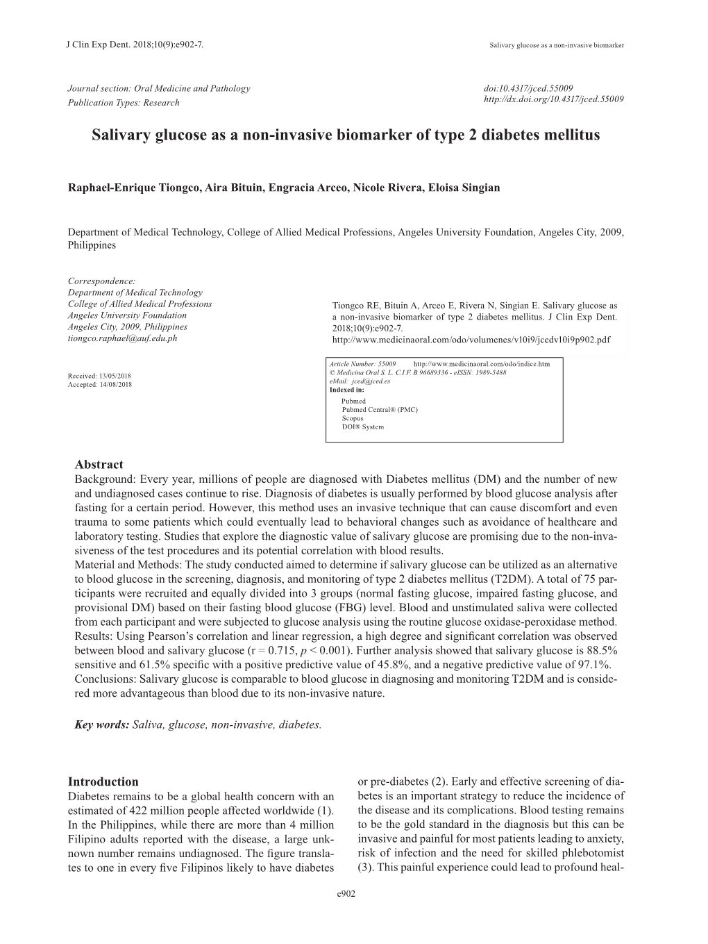 Salivary Glucose As a Non-Invasive Biomarker