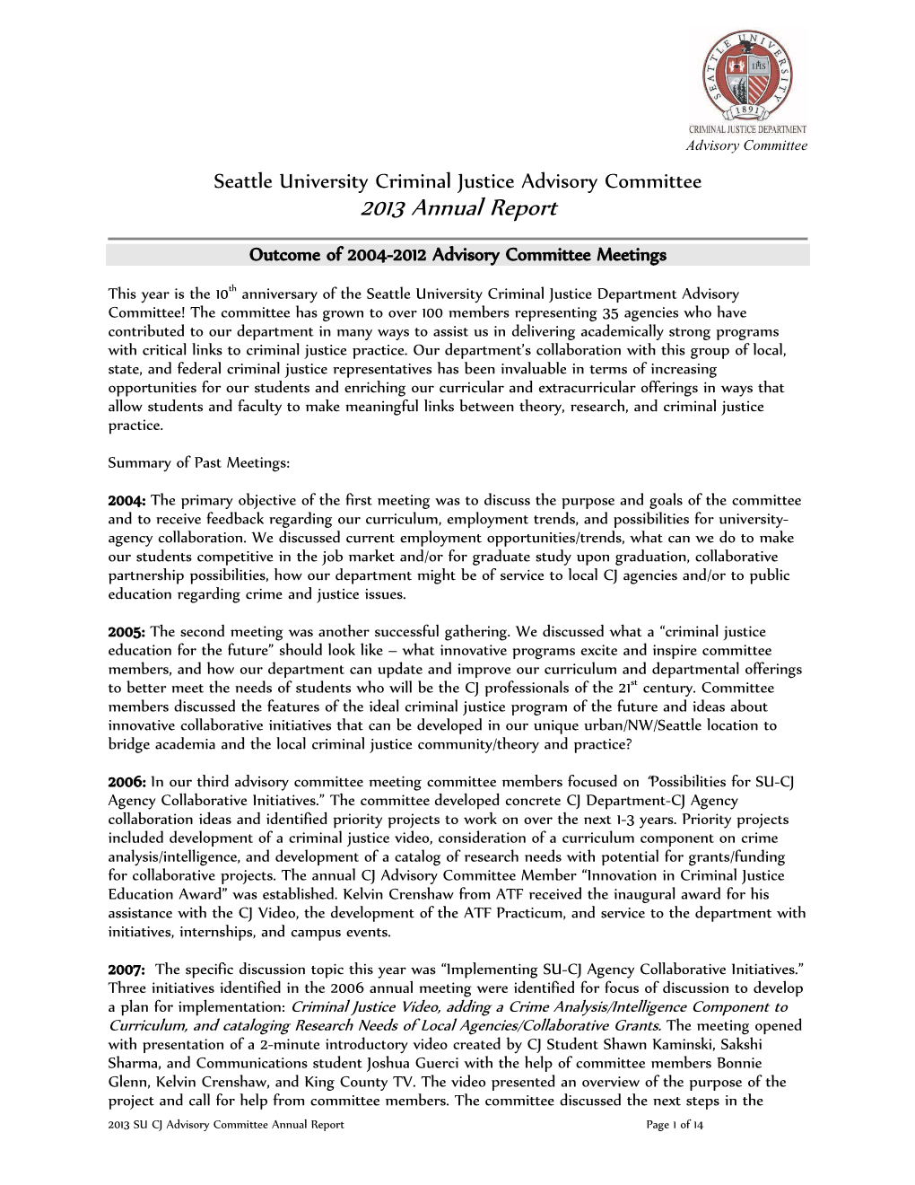 Seattle University Criminal Justice Advisory Committee 2013 Annual Report