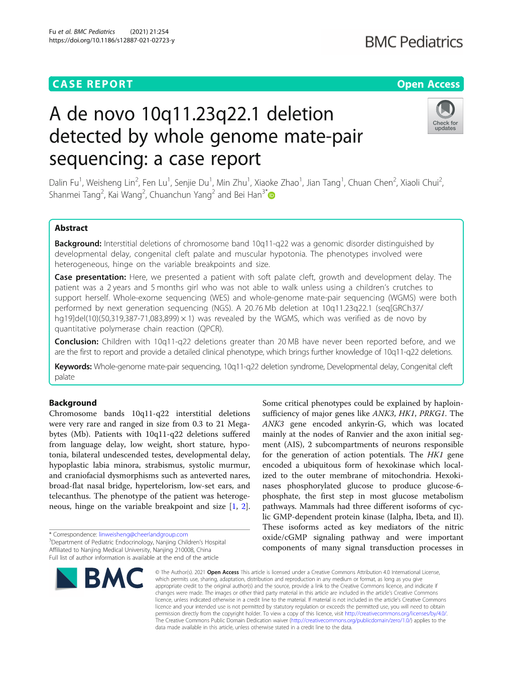 A De Novo 10Q11.23Q22.1 Deletion Detected by Whole Genome Mate