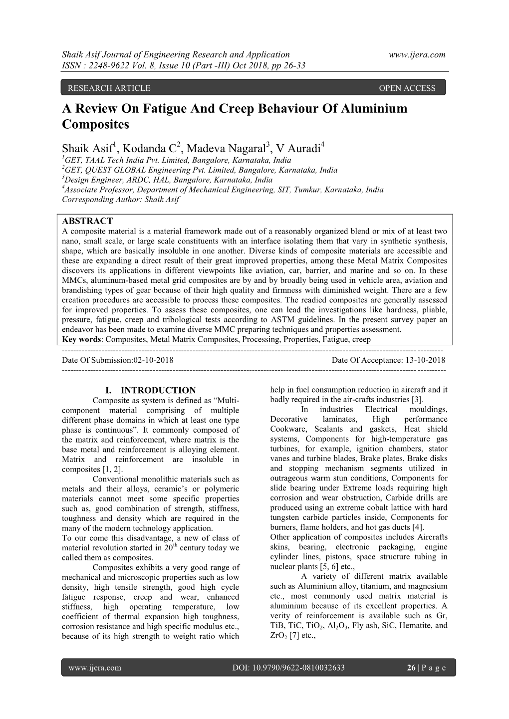 A Review on Fatigue and Creep Behaviour of Aluminium Composites