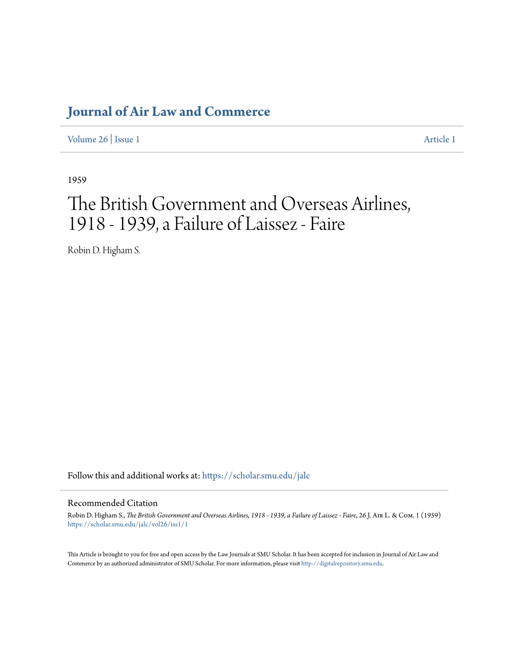 The British Government and Overseas Airlines, 1918 - 1939, a Failure of Laissez - Faire, 26 J