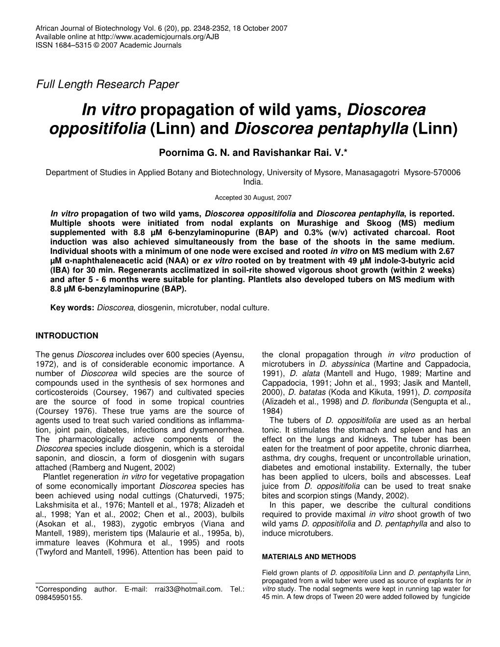 In Vitro Propagation of Wild Yams, Dioscorea Oppositifolia (Linn) and Dioscorea Pentaphylla (Linn)