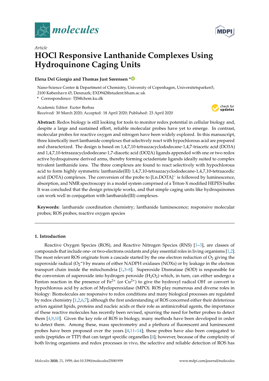 Hocl Responsive Lanthanide Complexes Using Hydroquinone Caging Units