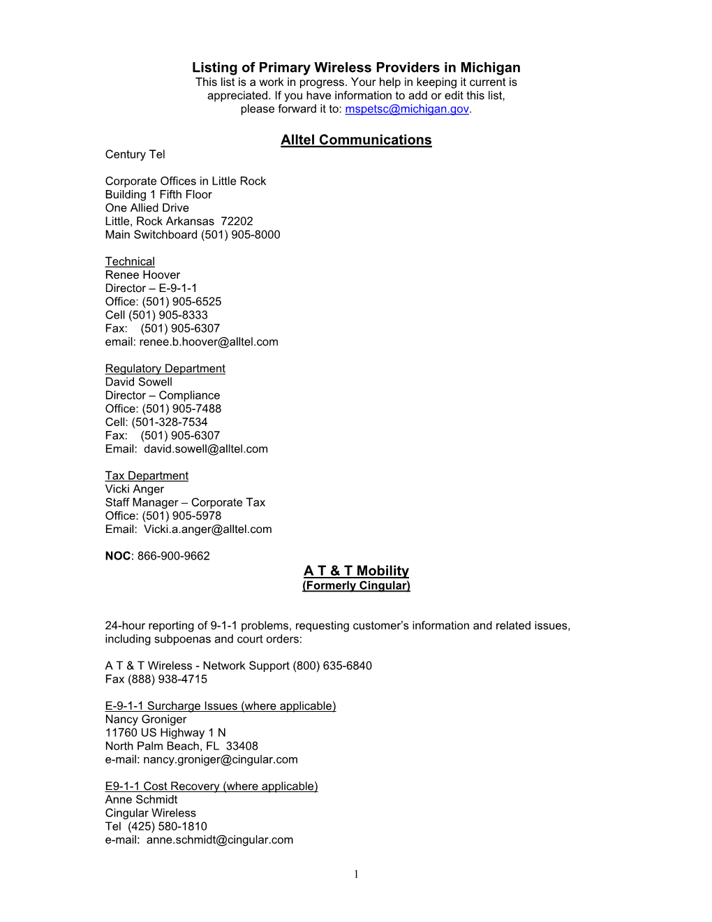 Listing of Primary Wireless Providers in Michigan Alltel Communications