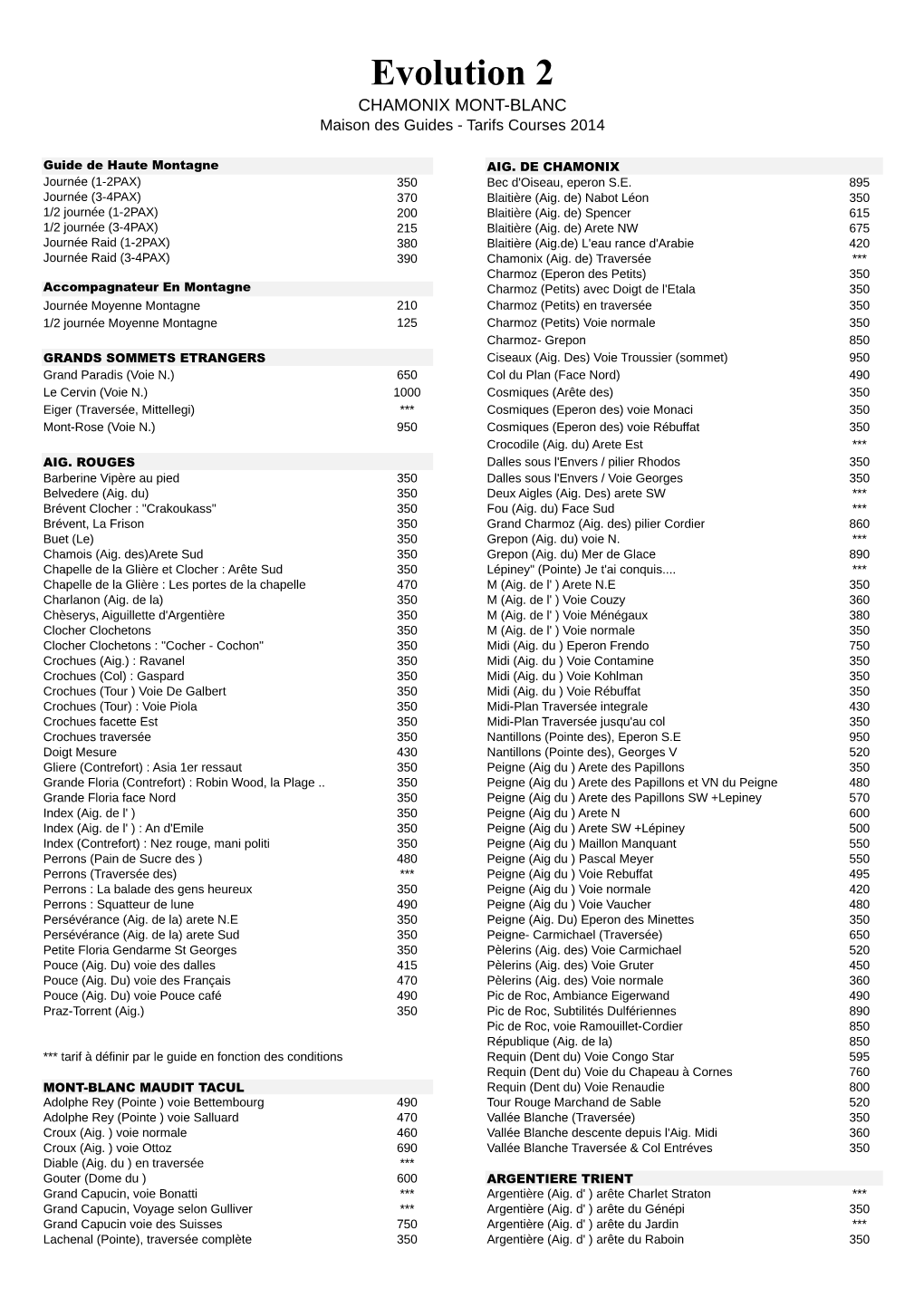 Evolution 2 CHAMONIX MONT-BLANC Maison Des Guides - Tarifs Courses 2014