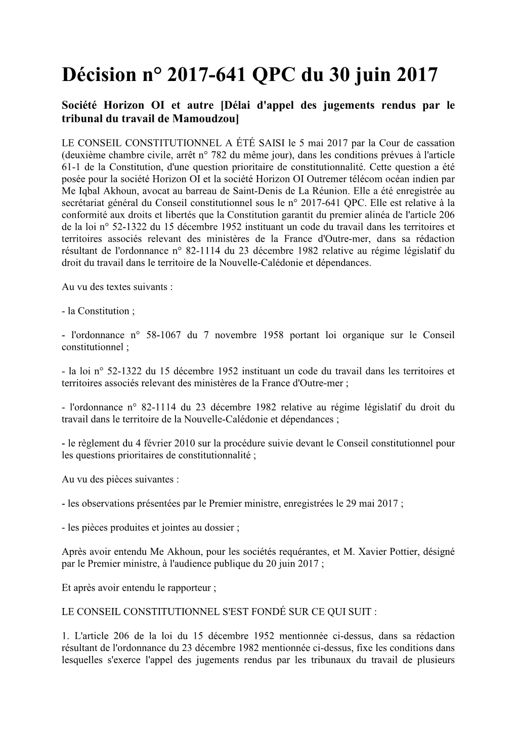 Décision N° 2017-641 QPC Du 30 Juin 2017