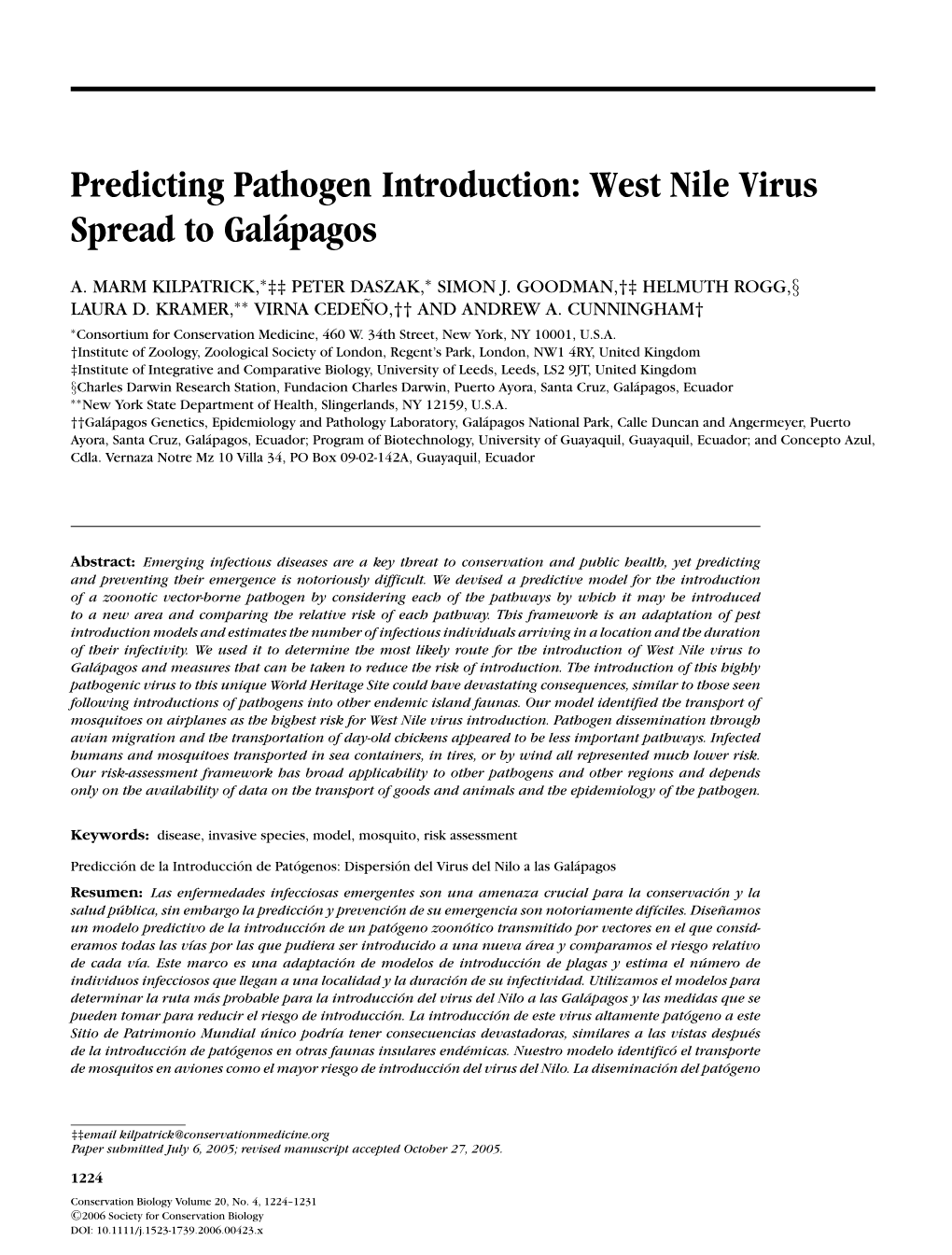 Predicting Pathogen Introduction: West Nile Virus Spread to Gal´Apagos