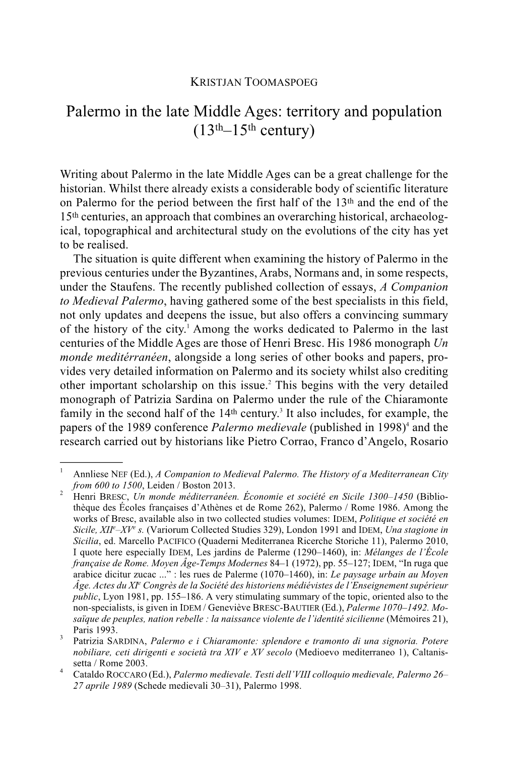 Palermo in the Late Middle Ages: Territory and Population (13Th–15Th Century)