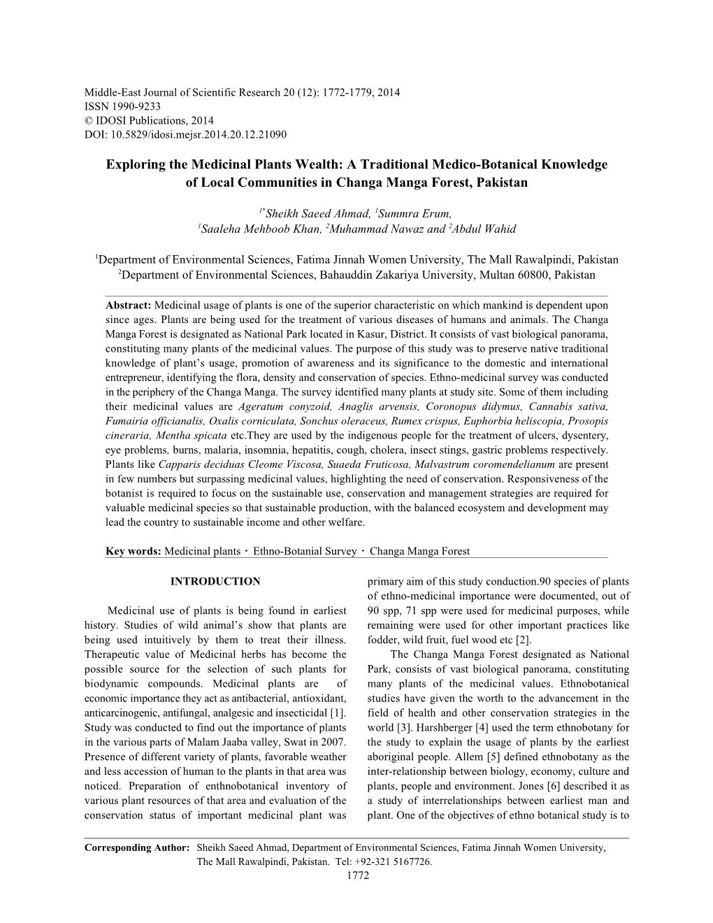 Exploring the Medicinal Plants Wealth: a Traditional Medico-Botanical Knowledge of Local Communities in Changa Manga Forest, Pakistan