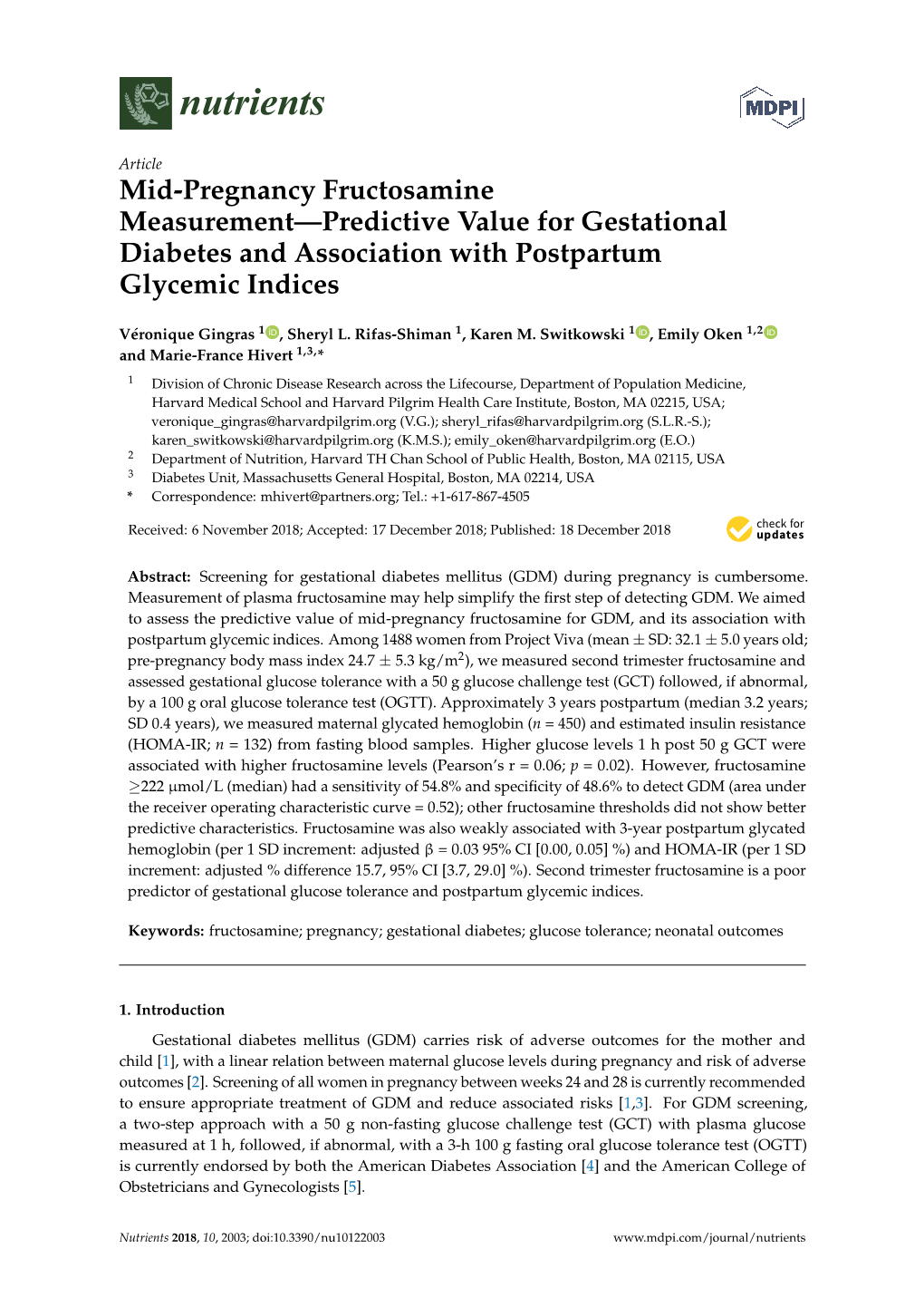 Mid-Pregnancy Fructosamine Measurement—Predictive Value for Gestational Diabetes and Association with Postpartum Glycemic Indices