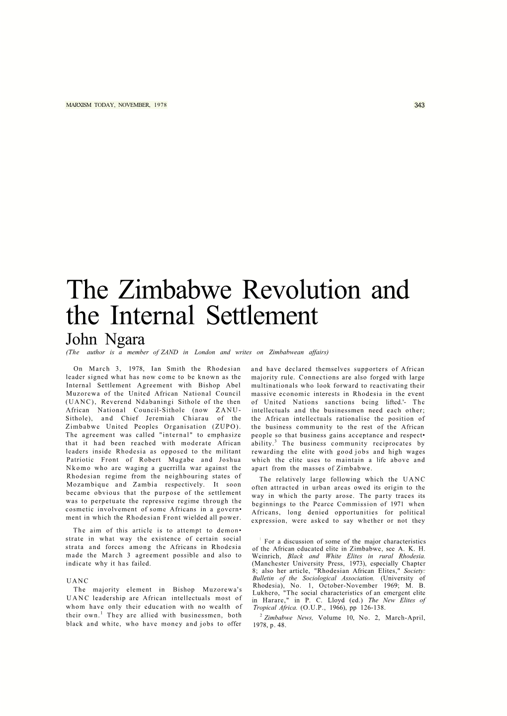 The Zimbabwe Revolution and the Internal Settlement John Ngara (The Author Is a Member of ZAND in London and Writes on Zimbabwean Affairs)