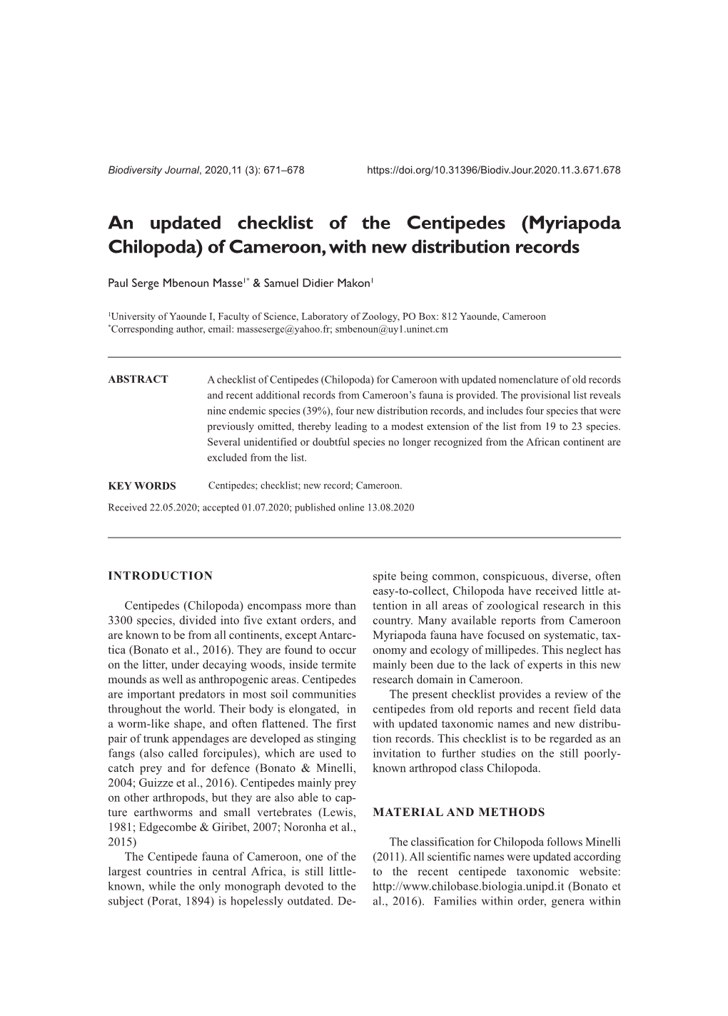 An Updated Checklist of the Centipedes (Myriapoda Chilopoda) of Cameroon, with New Distribution Records