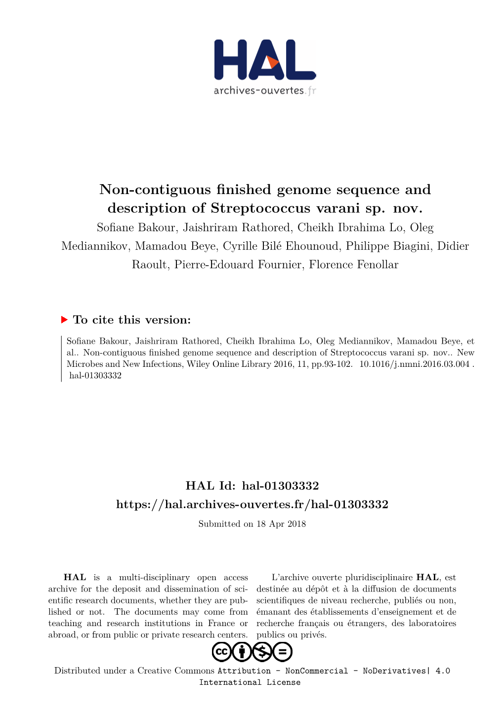 Non-Contiguous Finished Genome Sequence and Description of Streptococcus Varani Sp. Nov