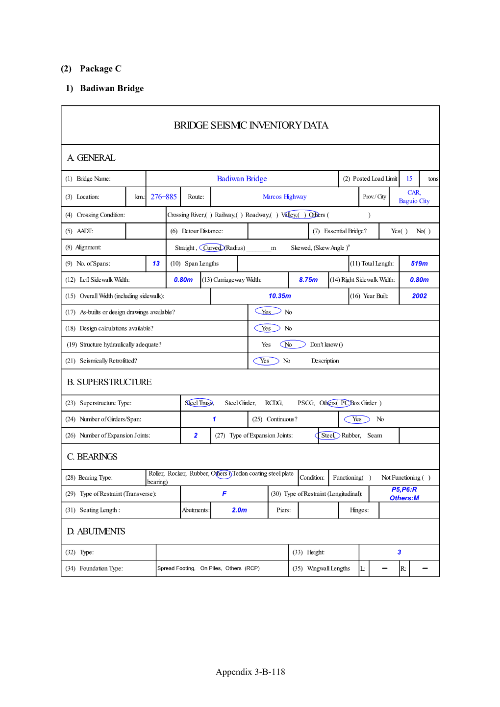 Bridge Seismic Inventory Data