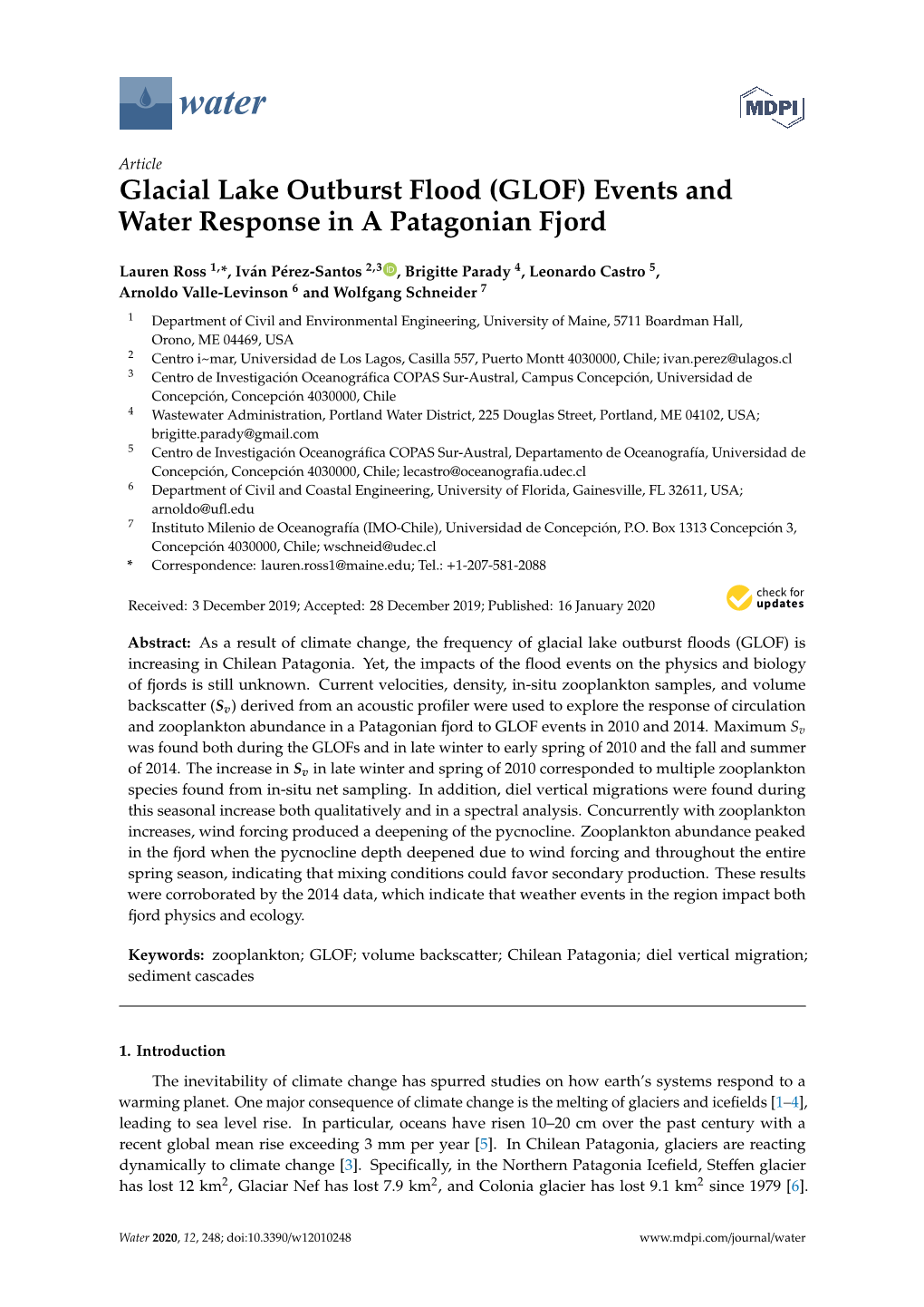 Glacial Lake Outburst Flood (GLOF) Events and Water Response in a Patagonian Fjord